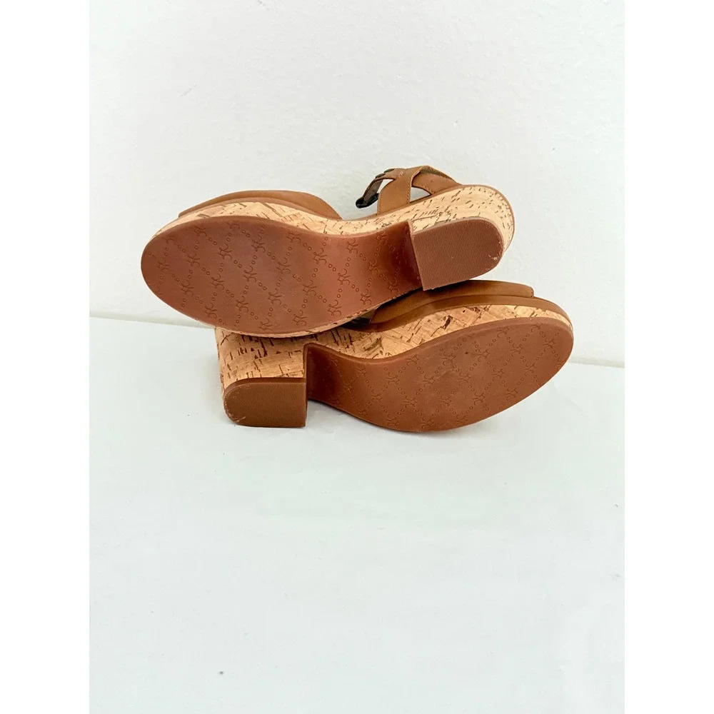 Johnston & Murphy Wedge Sandals Sz 7 Tan Leather Cork Platform Peep Toe Boho